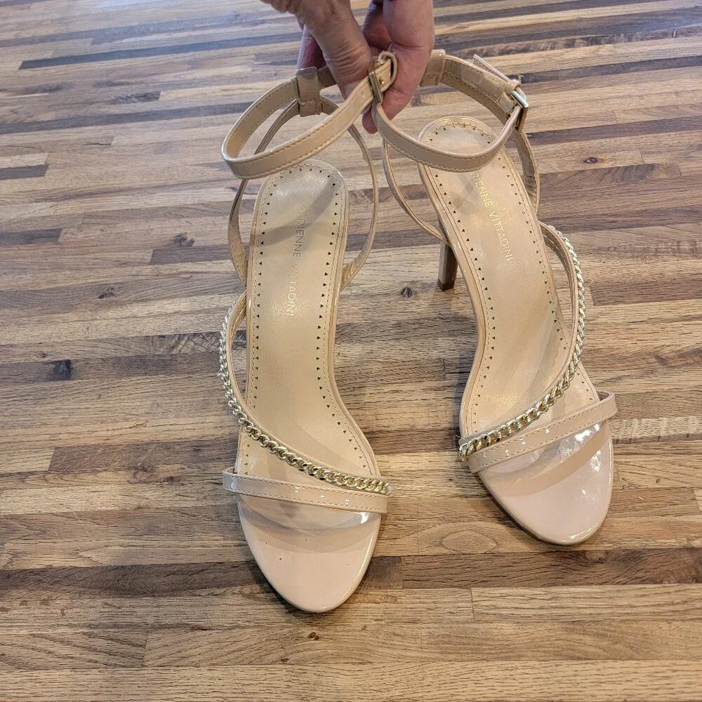Adrienne Vittadini Chain Detail Faux Patent Leather Ankle Strap Heels
